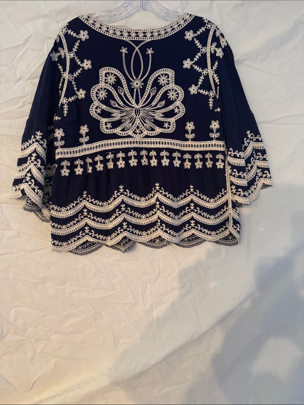 Ana & Rose Embroidered Navy Peasant Scalloped Top with Cream Lace Accents - Picture 6 of 6